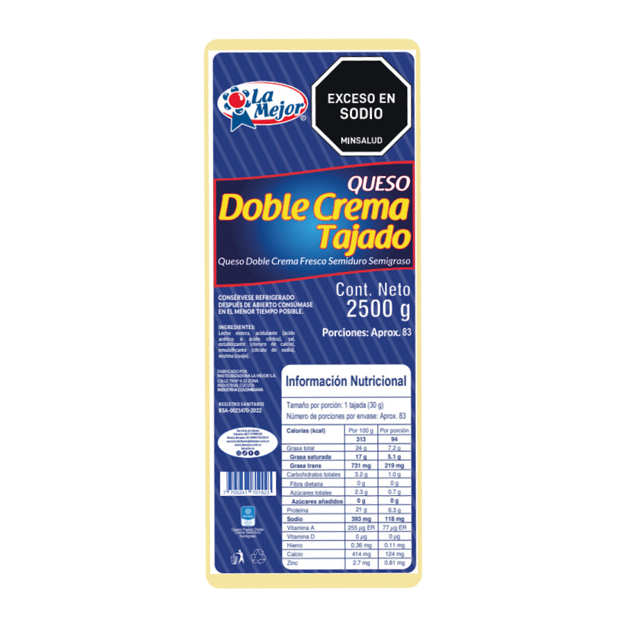 Queso Doble Crema Tajado 2500 gr
